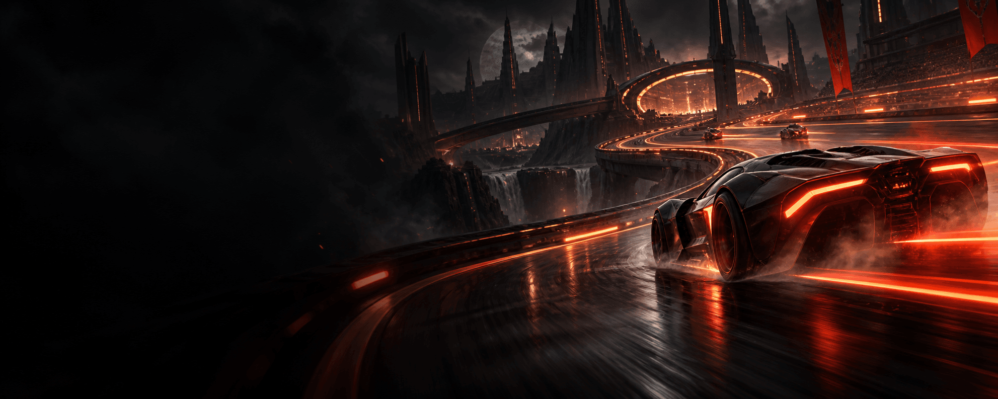 Corrida futurista em uma arena iluminada por tons de fogo